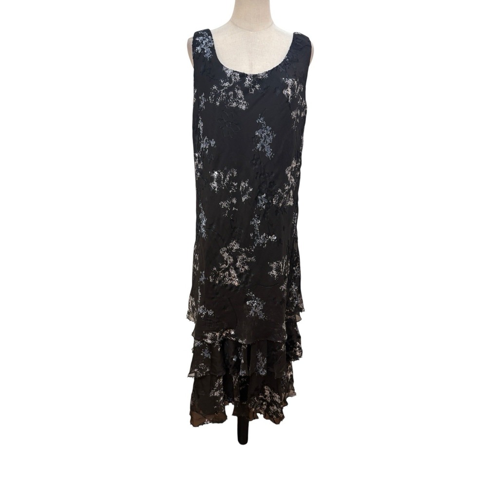 Vtg Silk Beaded Evening Dress Capri Mon Cheri Black Floral Gown Handkerchief Hem